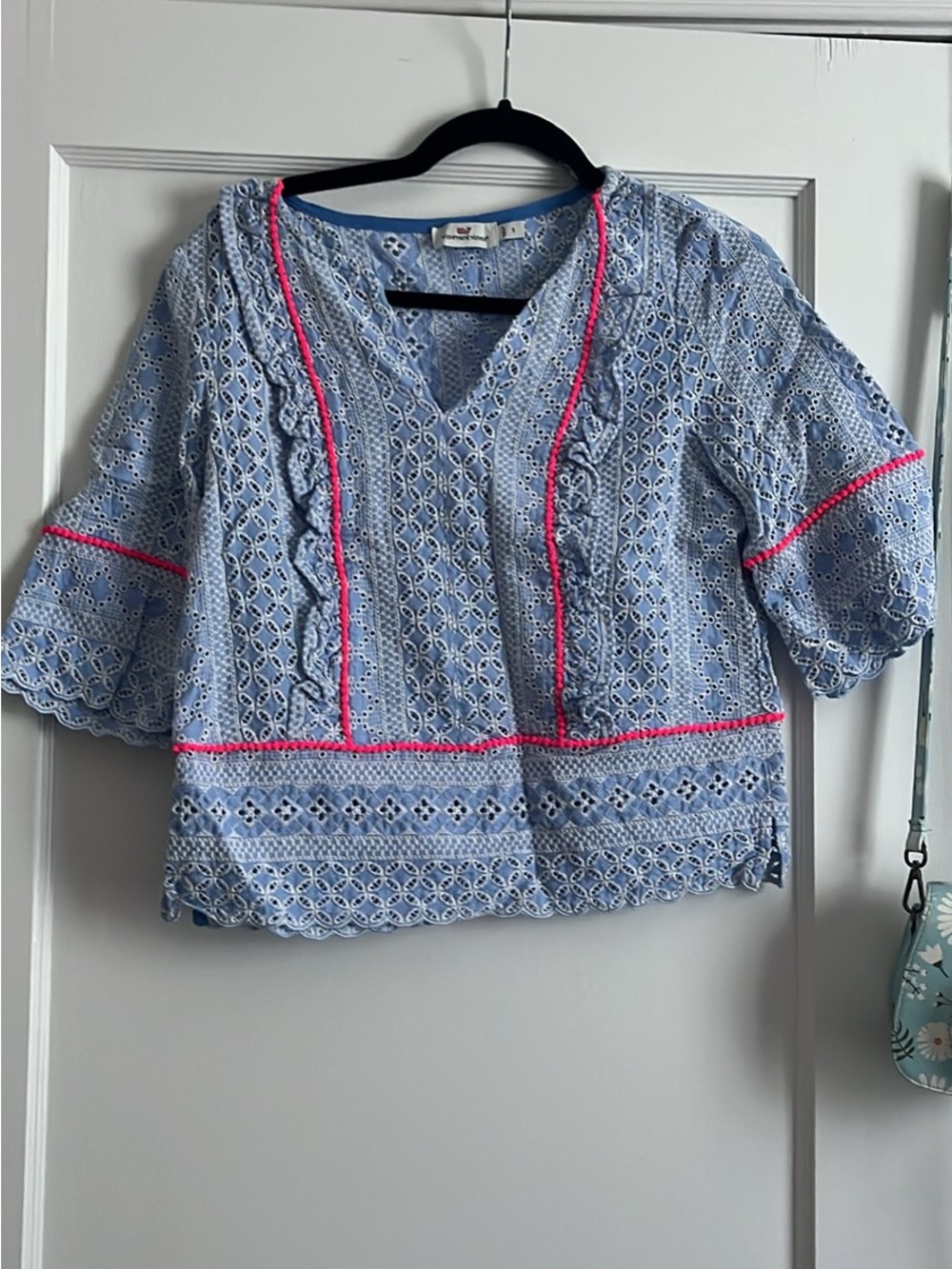 Vineyard Vines Sky Blue Eyelet V-Neck Blouse with Pink Trim